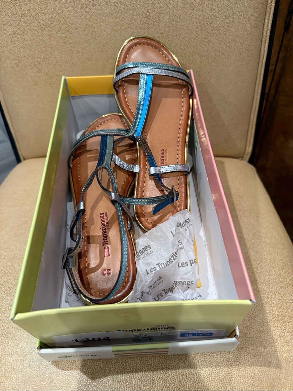 Metallic Blue T-Strap Women's Sandals with Brown Footbed